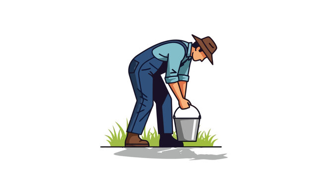 A farmer in overalls and a hat bending down to lift a metal bucket from the ground in a simple illustration.