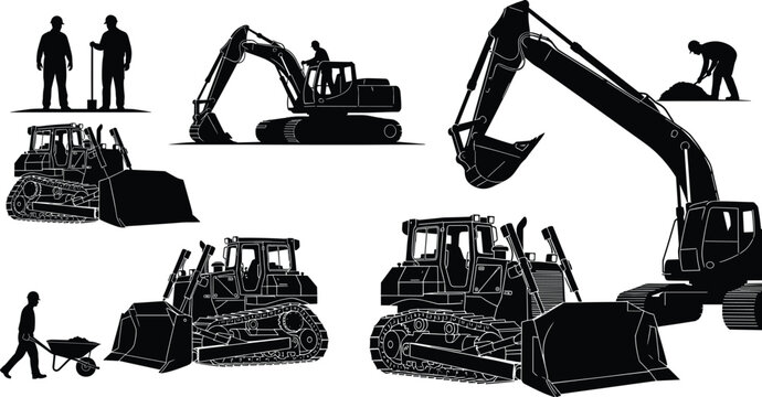 Black silhouette set of construction machinery with excavators bulldozers and workers operating equipment for industrial earthmoving and building site projects