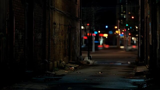 A dark alleyway at night with blurry city lights in the background, transitioning from urban gloom to vibrant nightlife
