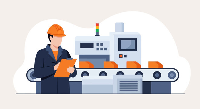industrial manufacturing process involving inspection and quality control with conveyor belts and machinery for product assembly
