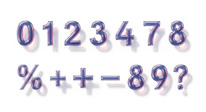 Shiny, inflated numerals and mathematical symbols rendered in a cool blue-purple tone on a white background