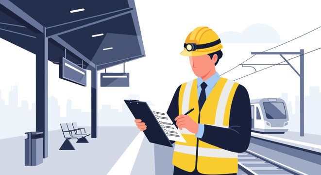 Engineer Conducts Inspection at Modern Train Station Platform