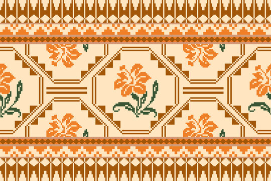 Seamless geometric pattern . pixel pattern. Design for clothing fabric textile ornamentation embroidery Hand stitched pattern . cultural stitching pixel art , Cross stitch pattern