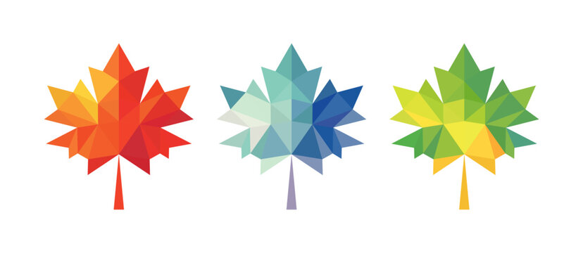 Set of three geometric maple leaves in low poly style with autumn, winter, and spring color palettes.