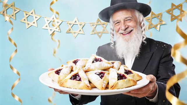 A happy elderly Jewish man with sidelocks and a hat with hamantaschen cookies on a pastel blue background with a gold garland with hexagrams, streamers. The festive, joyful atmosphere of Purim