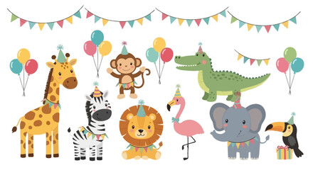 Fototapeta premium A vibrant and colorful illustration of various jungle animals celebrating a party with balloons and party hats.
