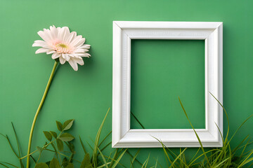 Minimal white photo frame and single soft flower on green background