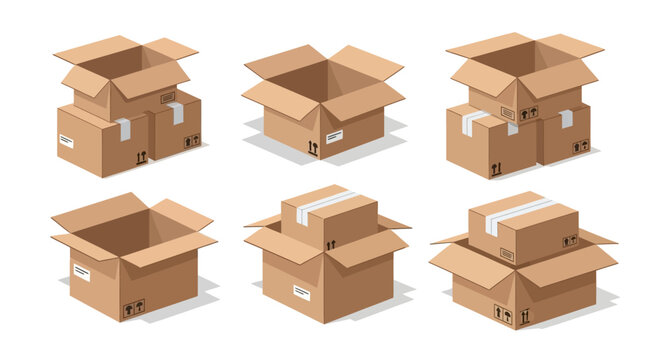 Collection of six isometric cardboard boxes, some open and some closed, on a white background.