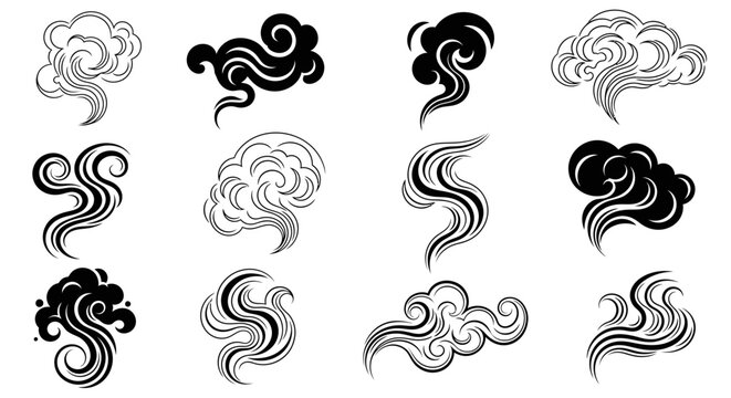Stylized black and white smoke or cloud patterns in a traditional Asian art style.