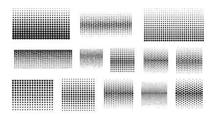 Collection of diverse halftone dot patterns and gradient textures for graphic design elements and backgrounds. © Adina