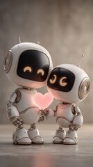 Two cute futuristic robots holding glowing heart on minimal background