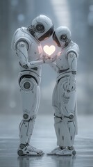 Futuristic humanoid robots sharing glowing heart in emotional connection