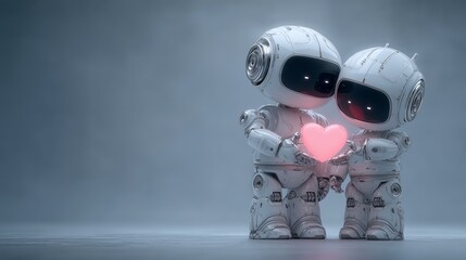 Two cute futuristic robots holding glowing heart on minimal background
