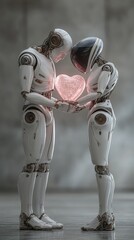 Futuristic humanoid robots sharing glowing heart in emotional connection