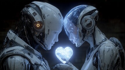 Two humanoid robots sharing glowing digital heart in dark futuristic scene