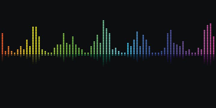 Colorful digital audio waveform equalizer displaying vibrant sound frequencies on a dark background