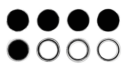 Set of eight hand-drawn black circular shapes, including solid circles and outlined rings with a grunge texture.