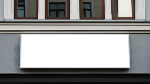 Blank horizontal sign board mounted on modern building exterior wall under windows mockup for store brand logo or shop name display architectural facade element for advertising business identity