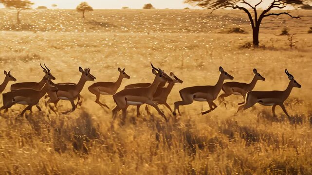 Herd of Impala Running Across the African Savannah Grassland at Sunset