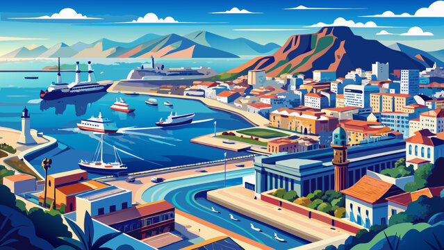 Very beautiful panoramic view of Oran Port along the Mediterranean coastline, featuring harbor infrastructure, blue waters, coastal cityscape, and the maritime identity of Algeria.