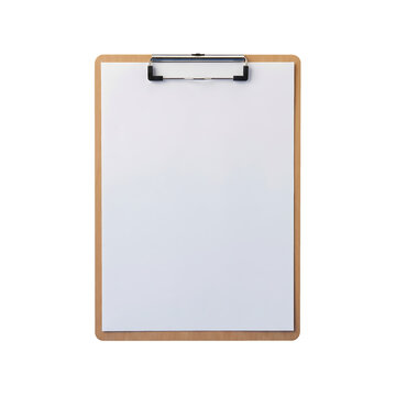 A wooden clipboard with a blank paper. The clip is black. The background is white. 