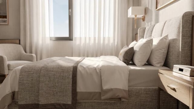 Deluxe singlebed private room interior highlighting elegant furniture plush bedding and a sleek call button on the bedside table with a sunlit window backdrop.