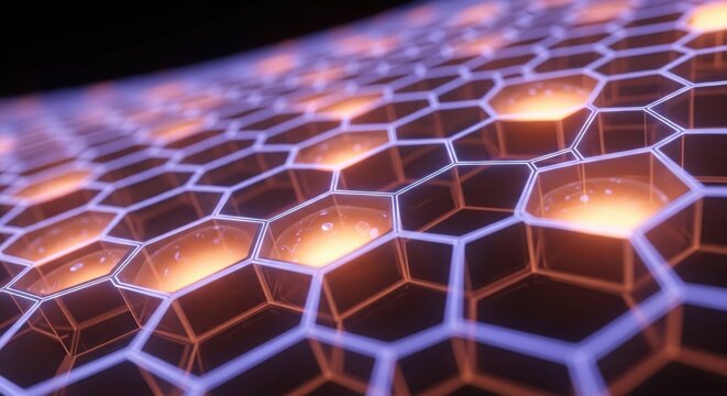 Glowing hexagonal structure with glowing orbs receding into the dark background