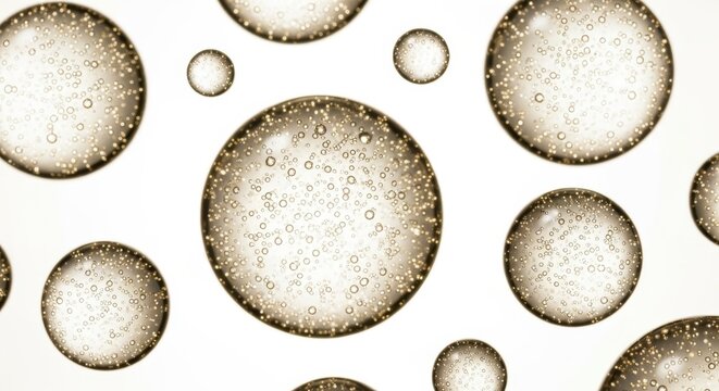Numerous translucent spheres filled with tiny effervescent particles float against a bright background