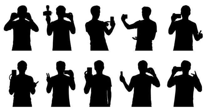 Diverse Silhouettes of People Capturing Moments with Smartphones and Cameras in Various Poses