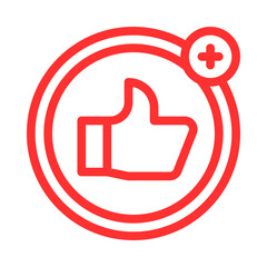 Obraz premium A red circle with a thumbs-up icon and a plus sign in the corner