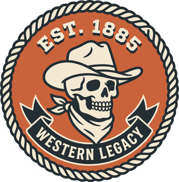 Western Legacy Vintage Cowboy Skull with Bandana Est. 1885 Emblem