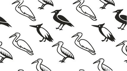 Obraz premium Seamless bird pattern with hand drawn flying silhouettes. Minimal black and white wildlife illustration. Perfect repeating background for nature, textile, and modern design projects.