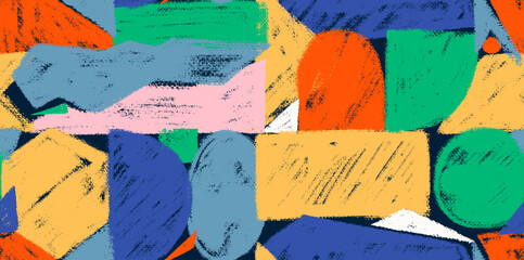 Fototapeta premium Seamless pattern graphic crayon drawn geometric shapes with grunge texture. Scribble, scratch pencil figures. Basic forms including circle, square, triangle, hexagon, rectangles for abstract design.