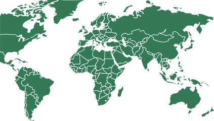 Green World Map with Country Borders Vector Illustration, Detailed Global Political Map Isolated on White Background, Flat World Map Geography Design for Infographics © Vivid Pixel Studio.