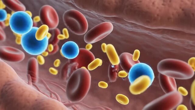 Cinematic 3D rendering illustrating the human pancreas organ producing and releasing insulin hormone into the bloodstream for glucose regulation in a detailed biological medical visualization.