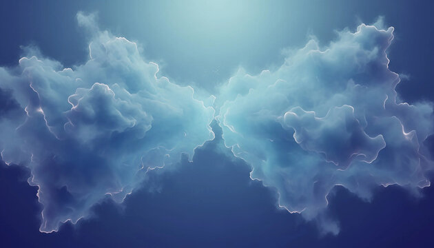 Vast blue sky with dramatic sunlit clouds forming a radiant cloudscape as soft light breaks through fluffy cumulus formations, creating awe-inspiring atmospheric scene