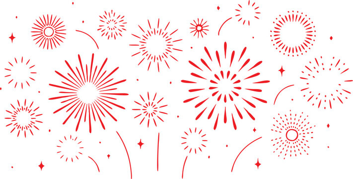 Red Fireworks Burst Vector Illustration Set, Decorative Celebration Firework Shapes Isolated on White, Abstract Festival Explosion Icons Flat Design