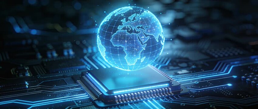 Hologram globe microchip circuit board technology network data background video motivation, floating above motherboard, futuristic communication and cyber security concept, global connection blue