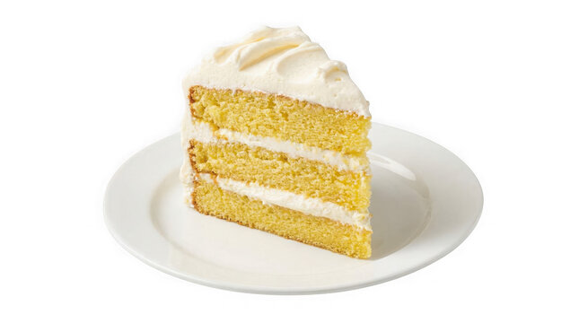 A slice of yellow cake with white frosting on a plate