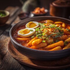 Spicy Korean tteokbokki with soft boiled eggs and green onions in a rustic ceramic bowl