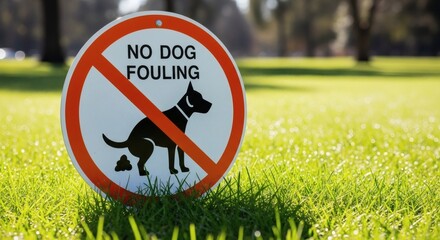 No Dog Fouling Sign on Bright Green Grass in Park  Responsible Pet Ownership.