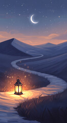 Fototapeta premium A serene and peaceful vector illustration of a lantern on a winding path under a starry night sky with a crescent moon Ramadan
