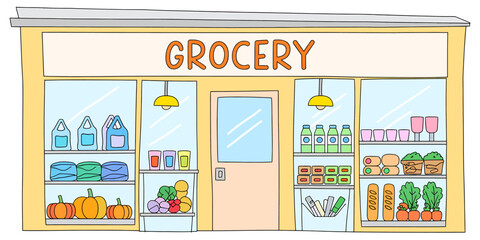 Colorful illustration of a grocery store front with various food products on display