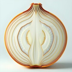 A large onion cut in half, showing its rings and layers.