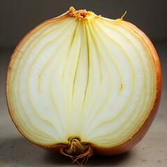 A large onion cut in half, showing its rings and layers.