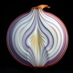 A large onion cut in half, showing its rings and layers.