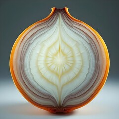 A large onion cut in half, showing its rings and layers.