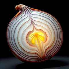 A large onion cut in half, showing its rings and layers.