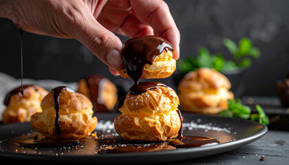 Human hand lifting profiterole with dripping chocolate