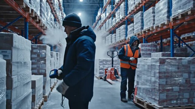 Cinematic slow motion footage of industrial warehouse personnel scanning digital barcodes with handheld devices inside a refrigerated cold storage facility for logistics distribution.